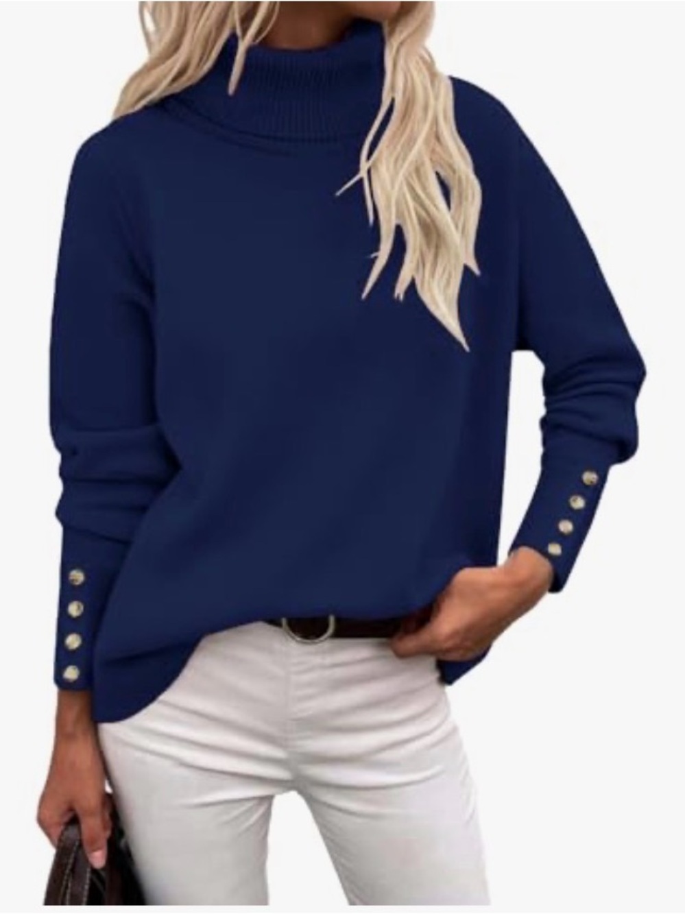 Classic Navy Turtleneck Sweater with Cuff Buttons